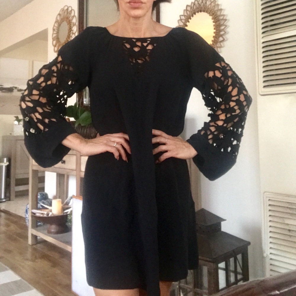 BCBG sz S black silk dress w lace cut outs